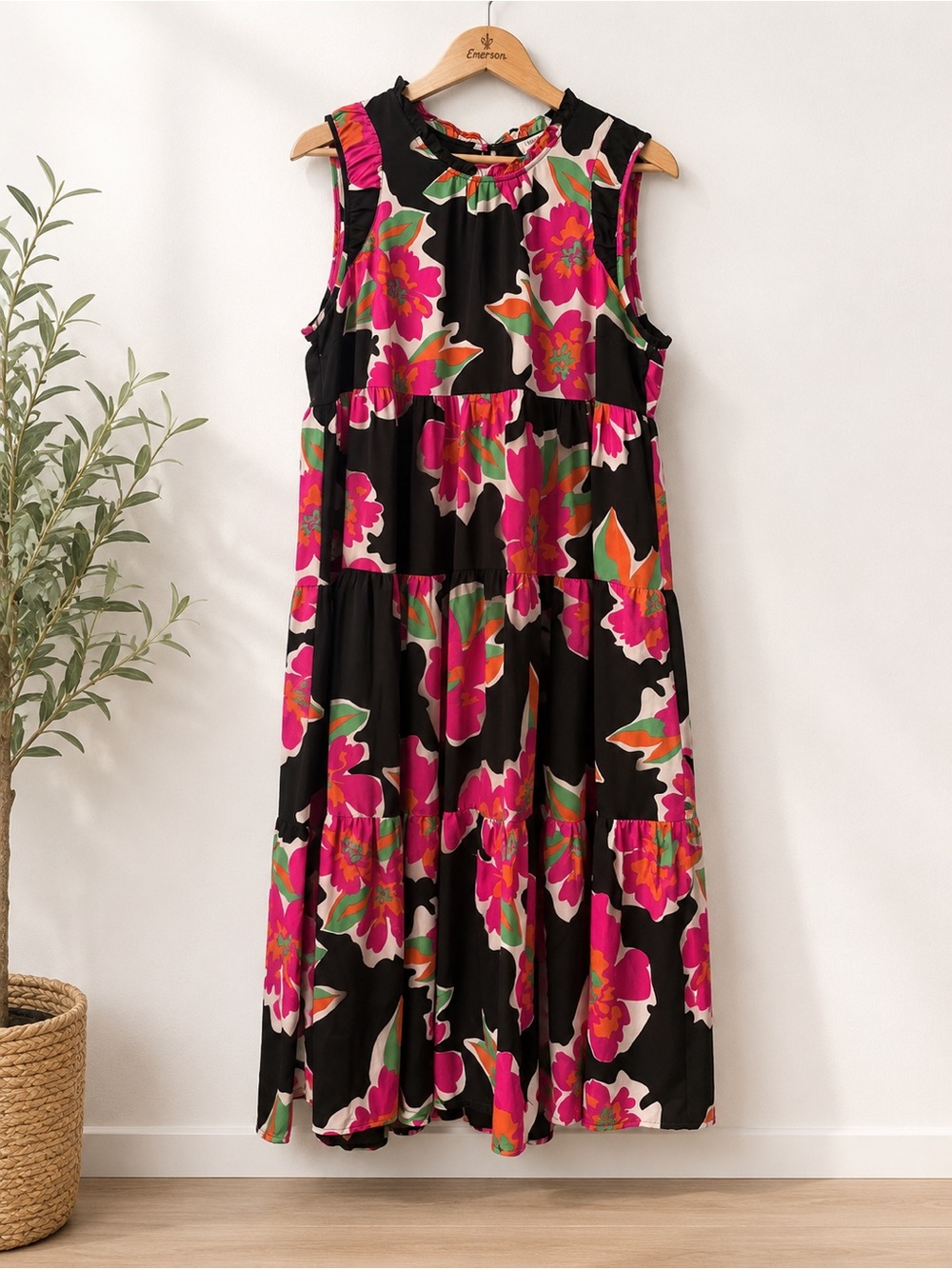 Umgee Black Floral Tiered Midi Dress Size L